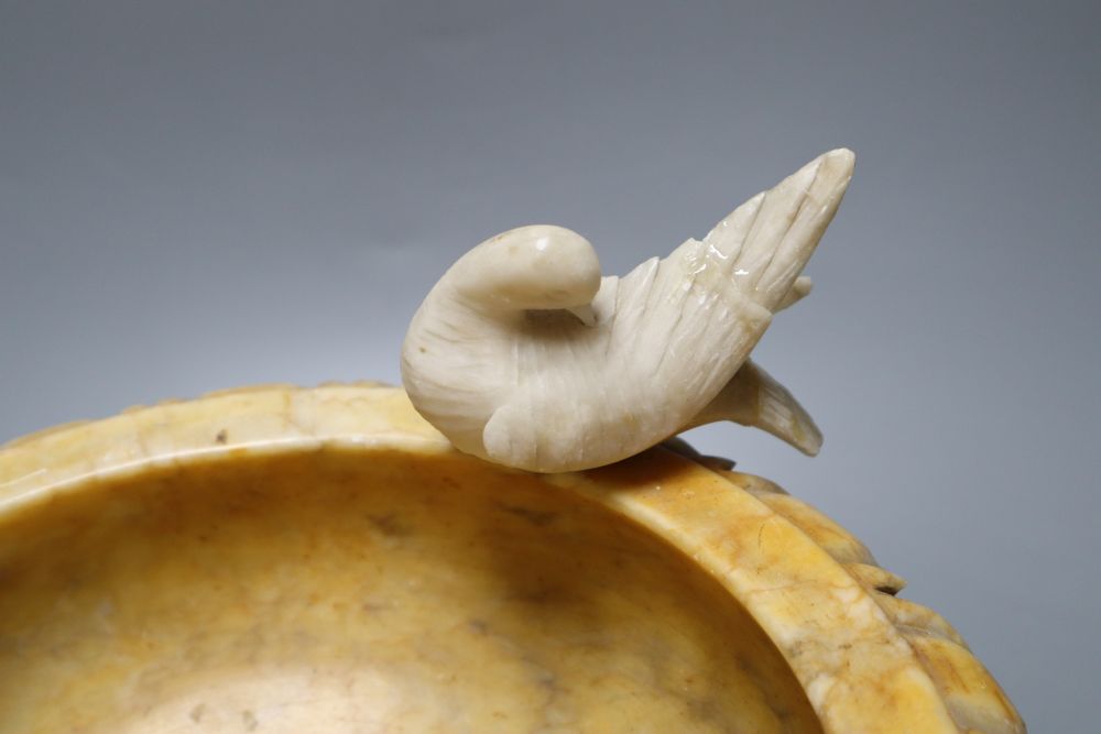 An Italian alabaster Doves of Pliny urn, 26cm diameter